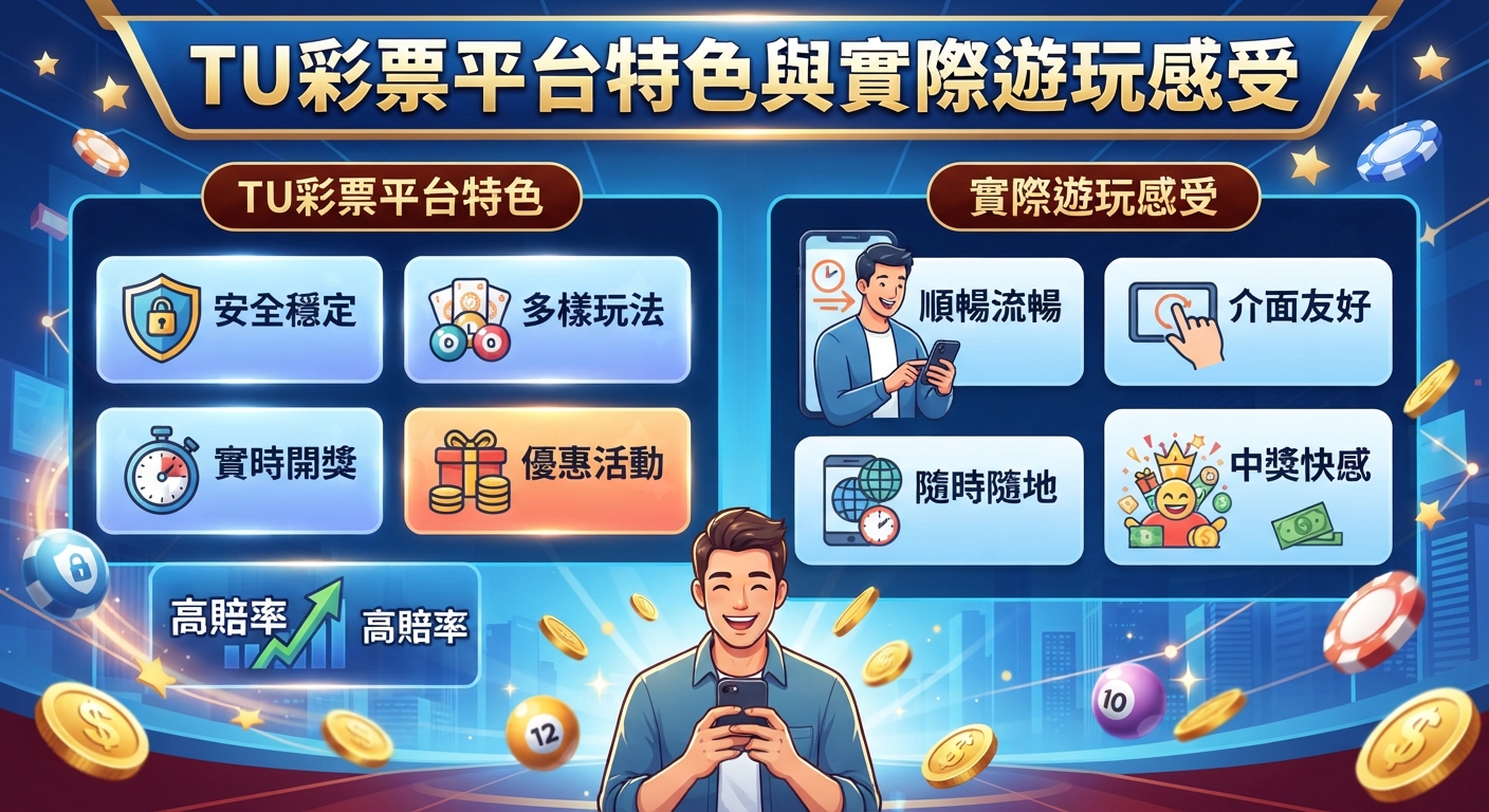 圖中詳細展示了TU彩票平台的特色與實際遊玩感受，並融入了多項功能圖標與開獎元素。 畫面中央結合了玩家操作手機的生動插圖，整體呈現出豐富且專業的娛樂城氛圍。