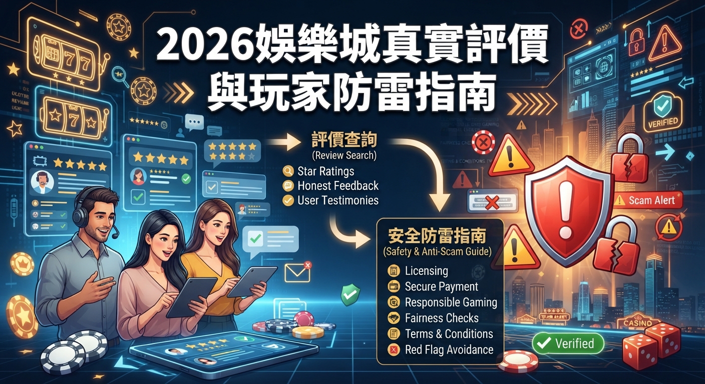 這裡是一張探討2026年娛樂城真實評價與防雷指南的資訊圖，畫面中融合了玩家評論分析與安全防範警示標誌。