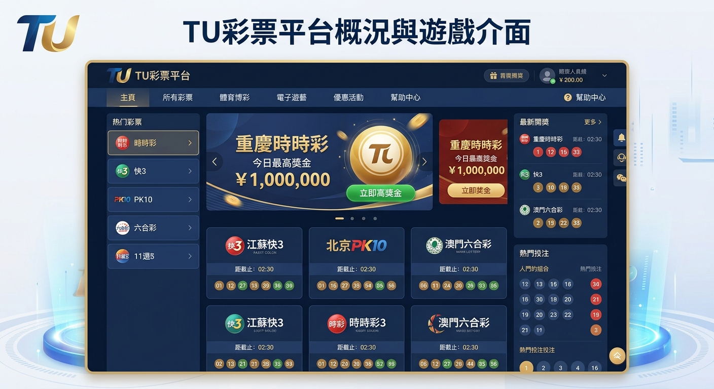 這裡展示了一個名為「TU彩票平台」的線上博彩遊戲介面，採用深藍色科技感風格設計。 畫面中央整合了時時彩、快3與六合彩等多種熱門彩票項目，整體版面佈局清晰且現代感十足。